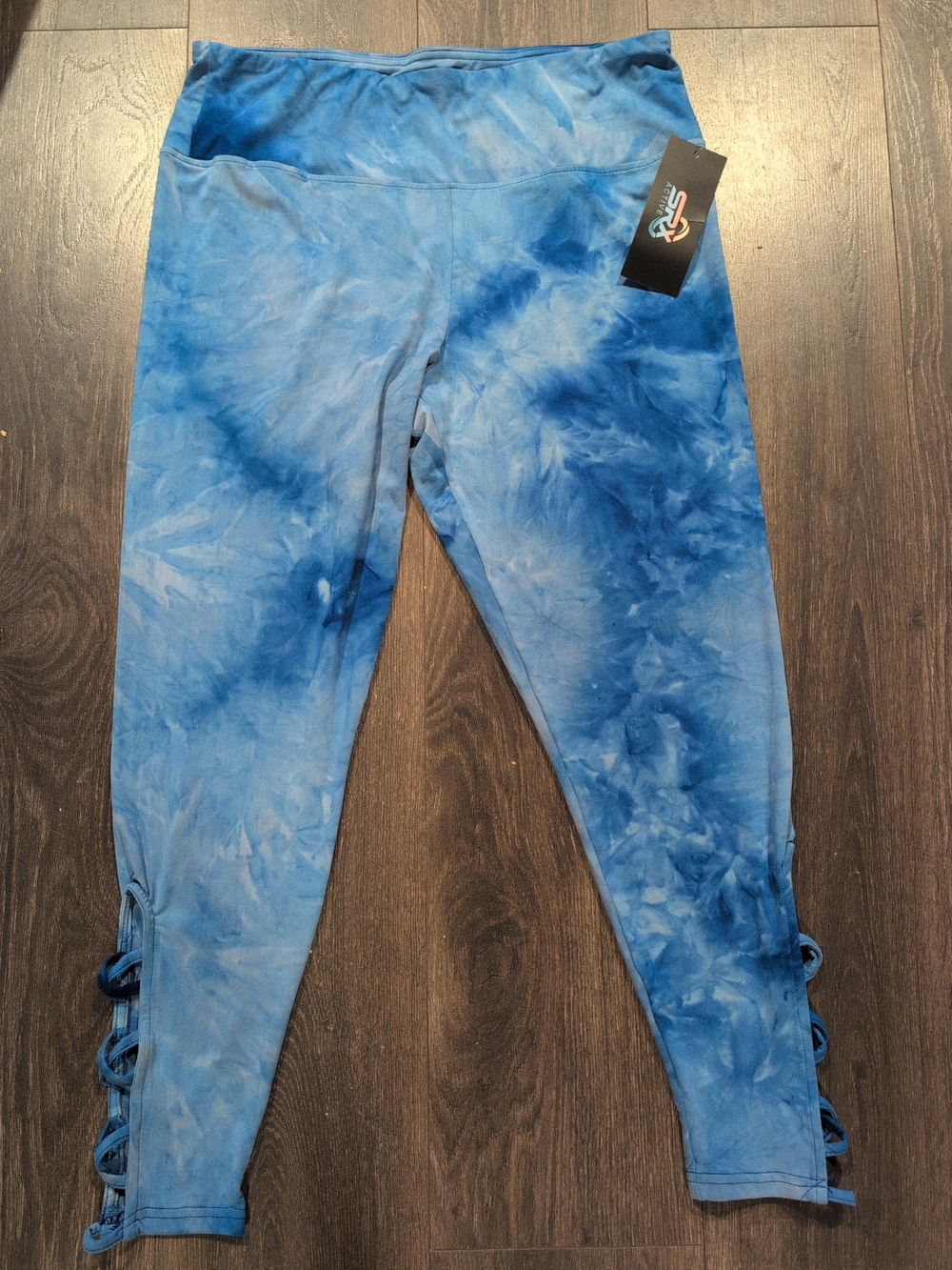 NWT Active Women's Blue Tie Dye Leggings High Rise Lattice Criss Cross Ankle XL